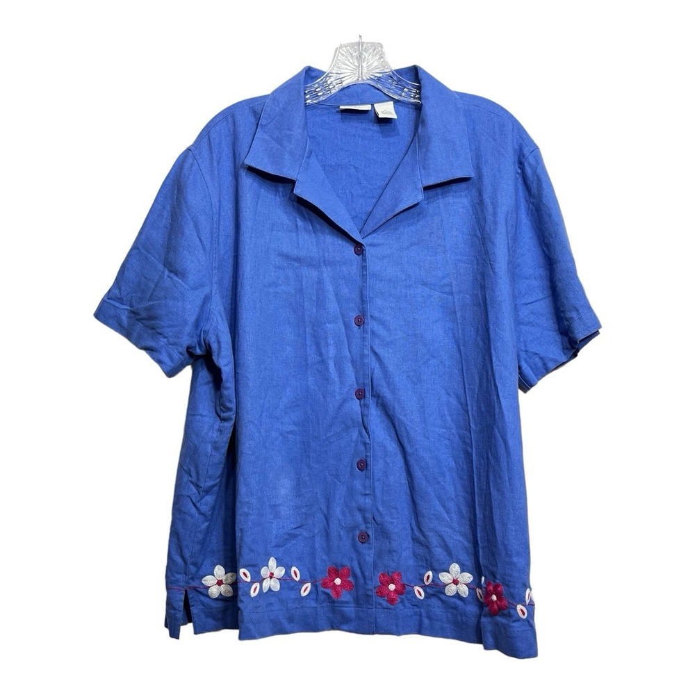 Kim Rogers Woman 1X Blue Linen Embroidered Floral‎ Short Sleeve Button Up Top
